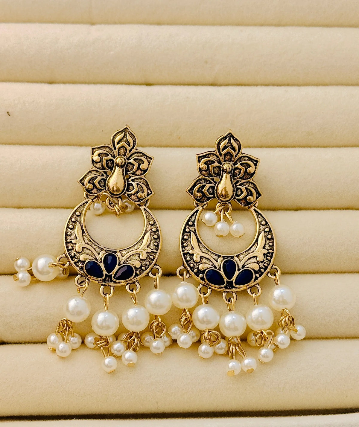 Traditional Peacock Crescent Pearl-Jhumka Antique Gold Plated Earring