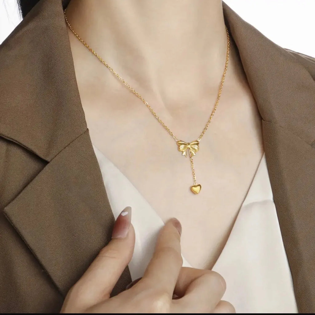 Heart Drop Bow Necklace For Women