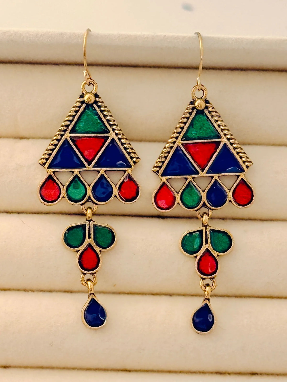 The Mosaic Chevron Drops An Antique GoldPlated Triple Coloured Enamel Dangler