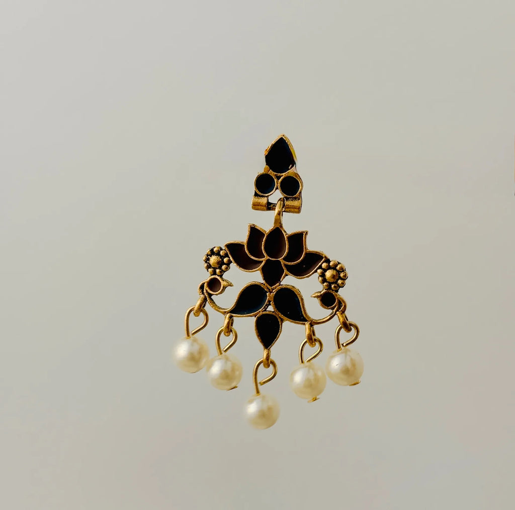 The Royal Peacock & Pearl Drops An Antique GoldPlated Dual Coloured Enamel Earring