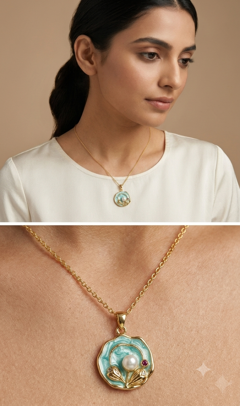 Velvet Gold Chain Floral Pendant Necklace (18K Gold Plated Minimal Elegant Daily Wear) For Women