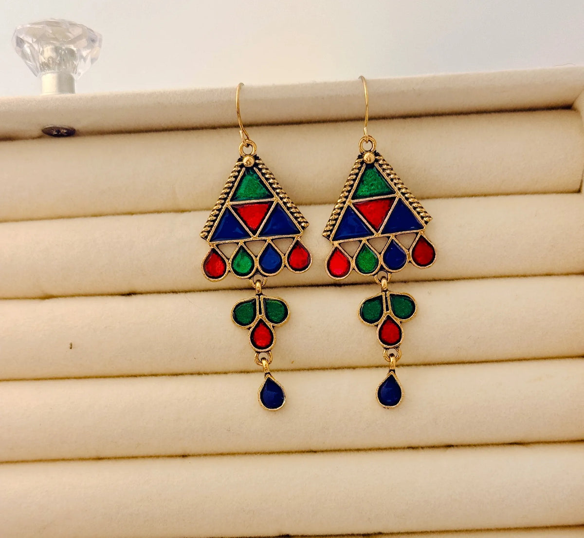 The Mosaic Chevron Drops An Antique GoldPlated Triple Coloured Enamel Dangler