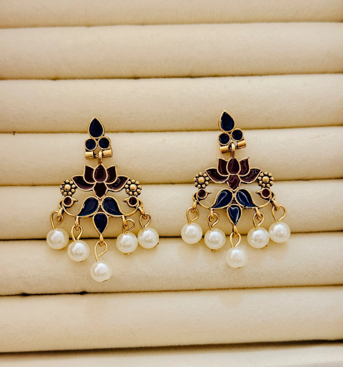 The Royal Peacock & Pearl Drops An Antique GoldPlated Dual Coloured Enamel Earring