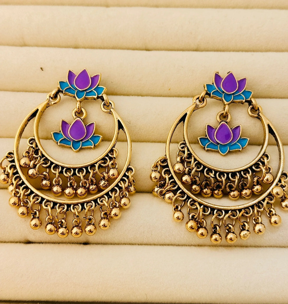 Majestic Dual-Lotus Hoop Jhumka An Antique Dual Coloured Enamel Earring