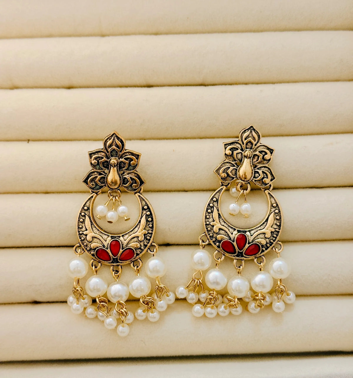 Traditional Peacock Crescent Pearl-Jhumka Antique Gold Plated Earring