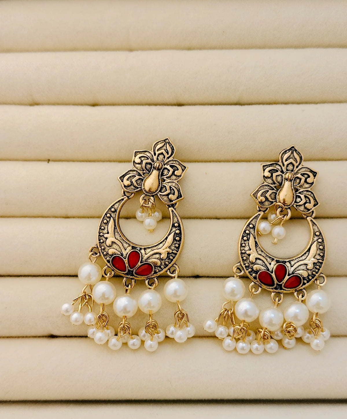 Traditional Peacock Crescent Pearl-Jhumka Antique Gold Plated Earring