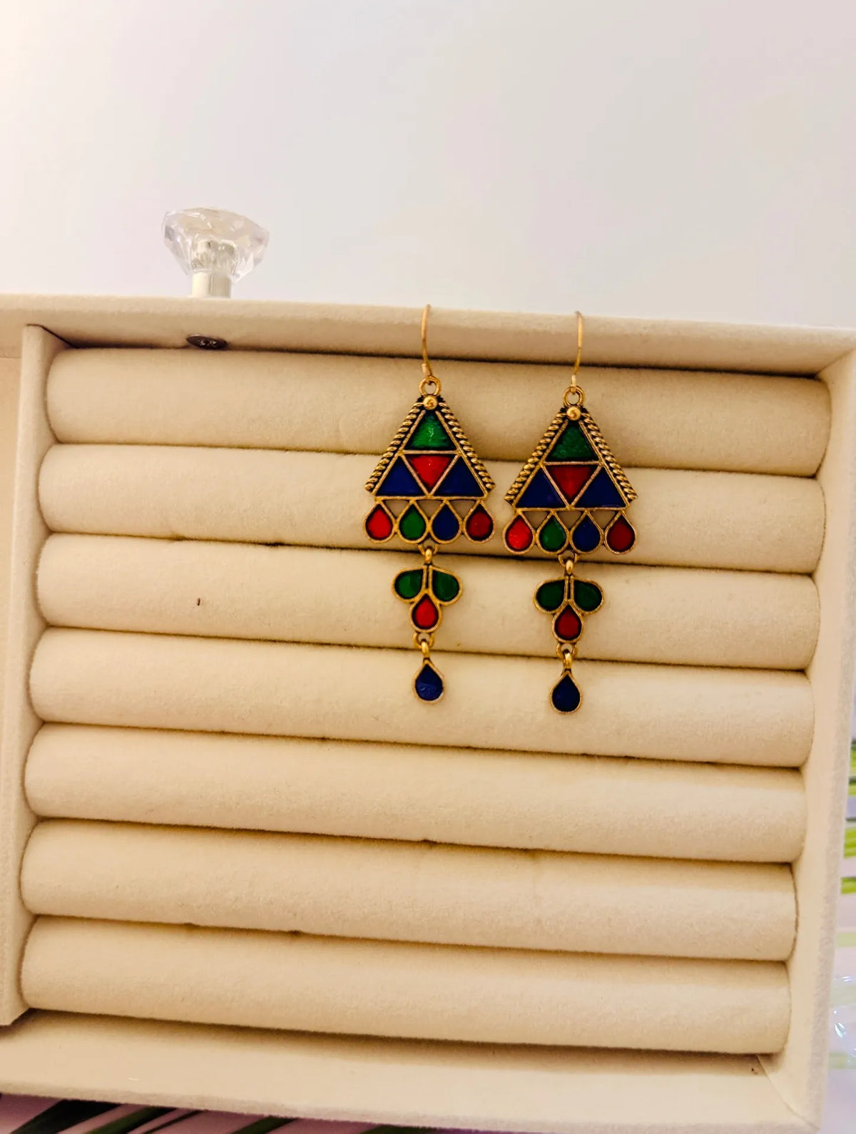 The Mosaic Chevron Drops An Antique GoldPlated Triple Coloured Enamel Dangler