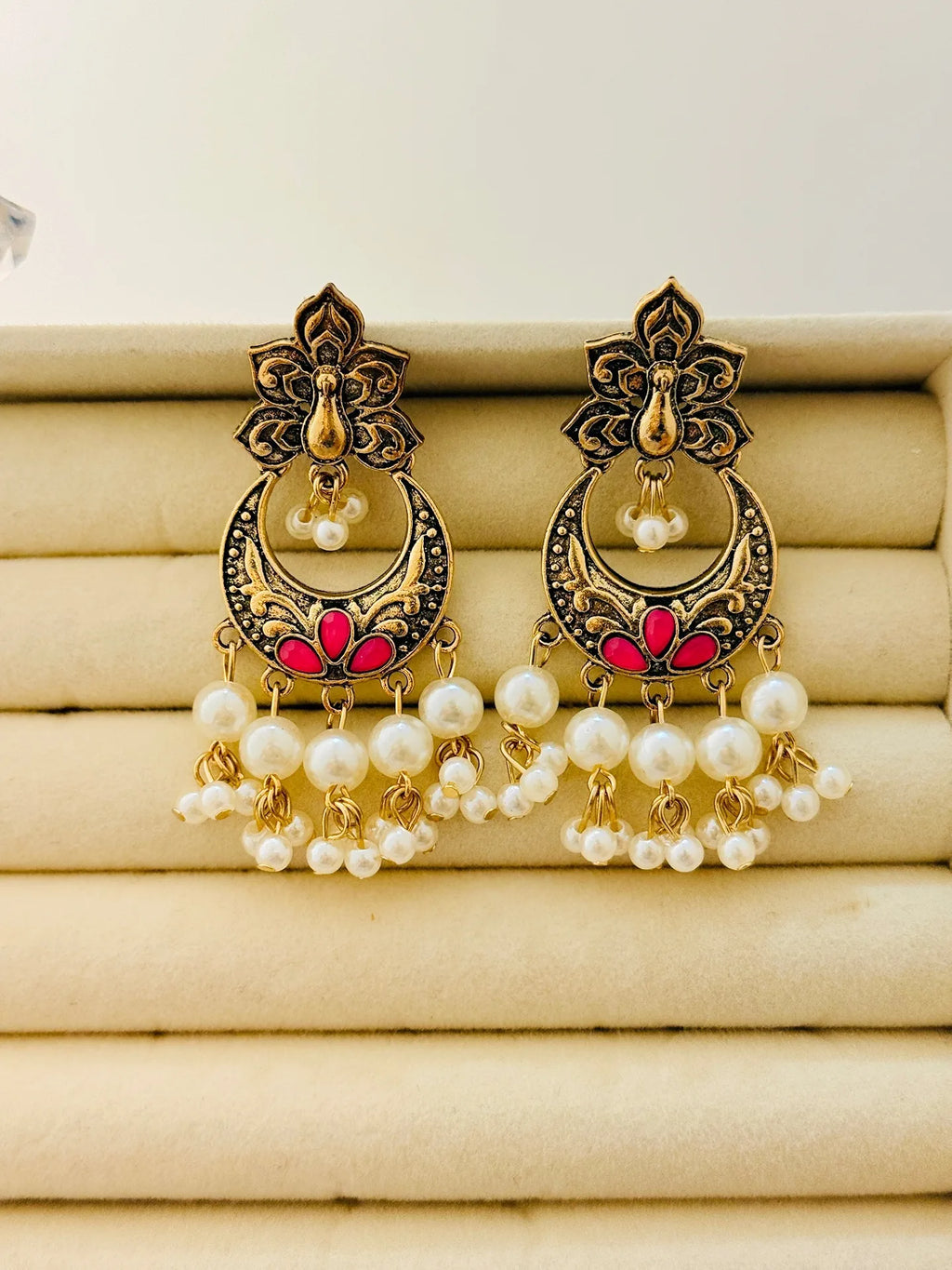 Traditional Peacock Crescent Pearl-Jhumka Antique Gold Plated Earring