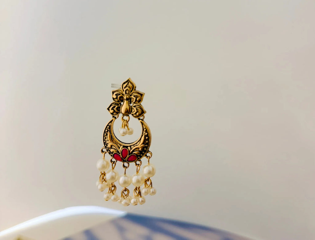 Traditional Peacock Crescent Pearl-Jhumka Antique Gold Plated Earring