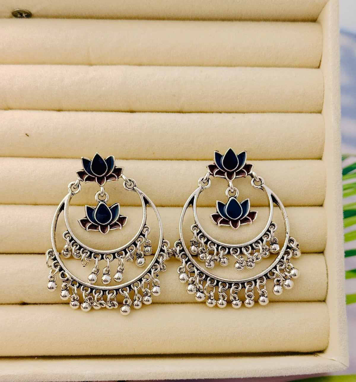 Majestic Dual-Lotus Hoop Jhumka An Antique Dual Coloured Enamel Earring