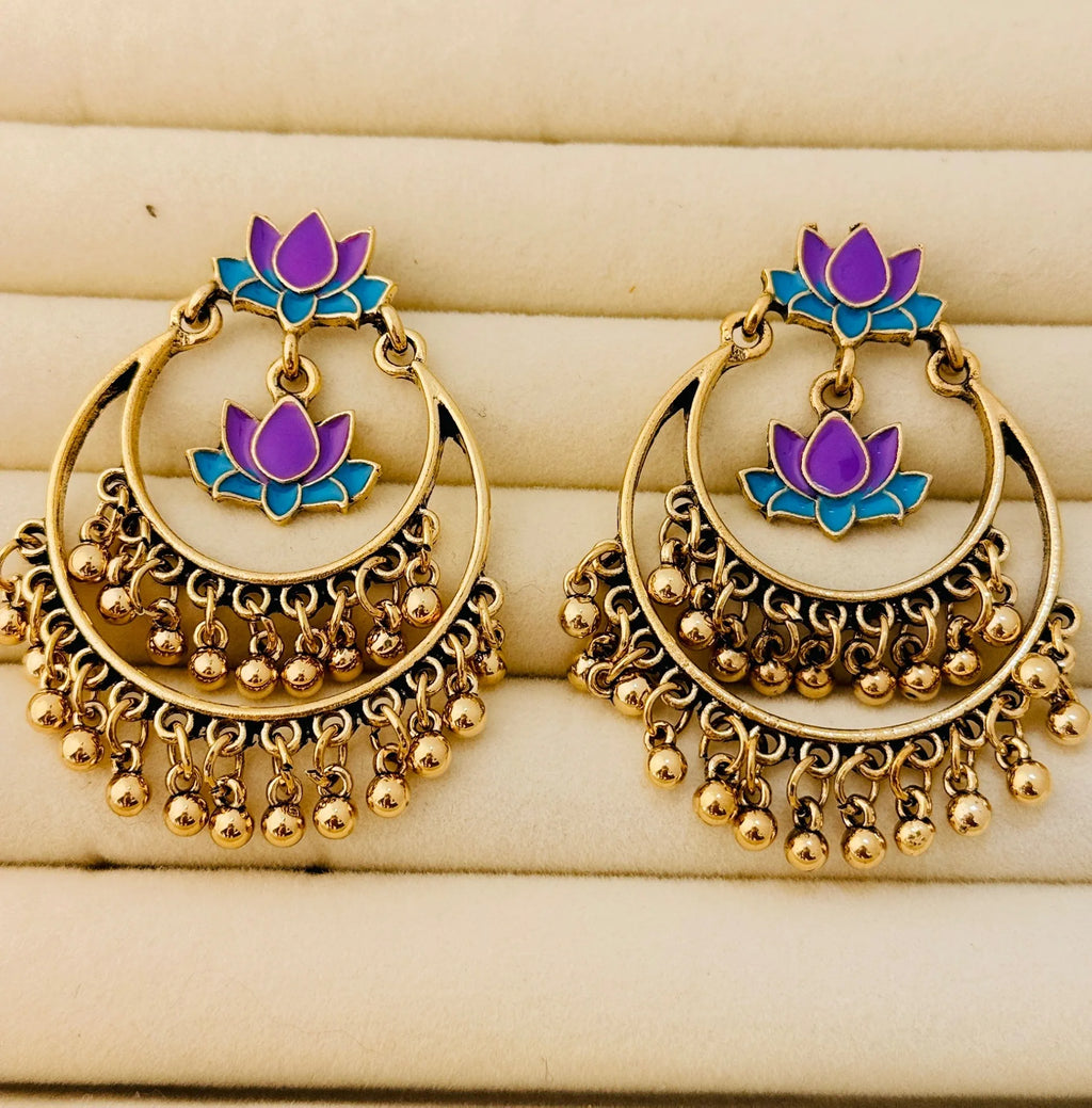 Majestic Dual-Lotus Hoop Jhumka An Antique Dual Coloured Enamel Earring