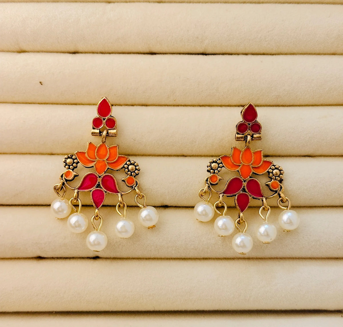 The Royal Peacock & Pearl Drops An Antique Gold Plated Dual Coloured Enamel Earring
