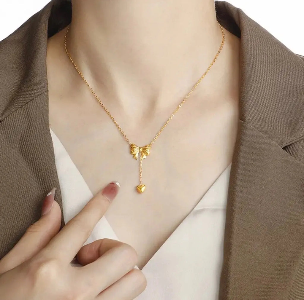 Heart Drop Bow Necklace For Women